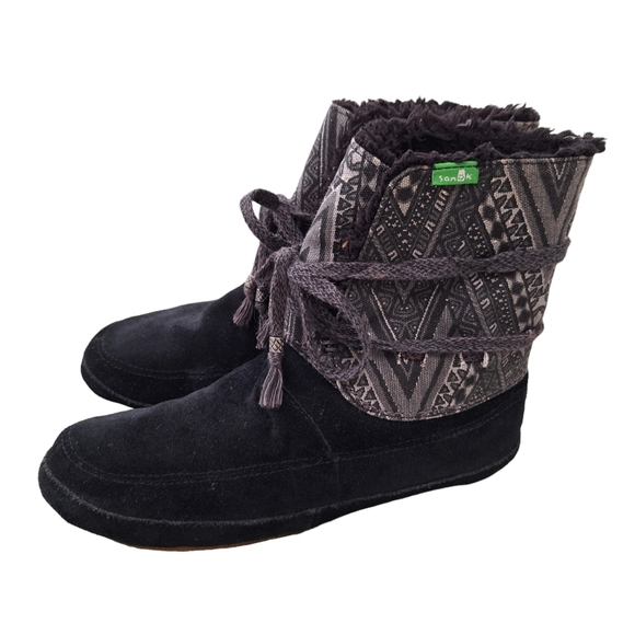 Sanuk Women's Soulshine Chill Black Faux Fur Trim Lace Front Suede Boots 7M - Picture 3 of 9